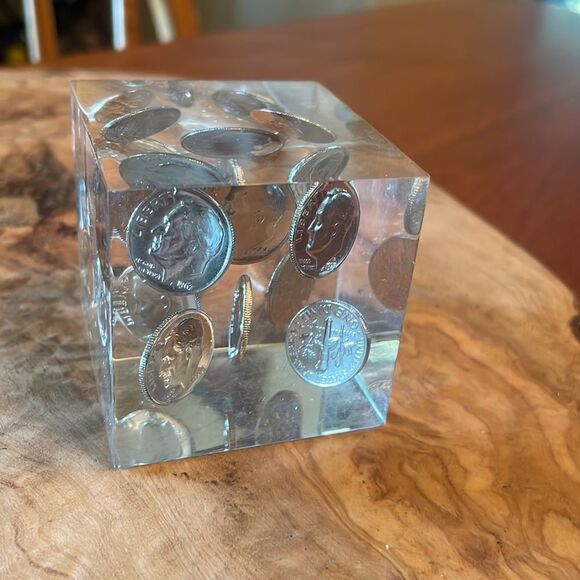 Vintage 70's Mid-Century Lucite & Dime Incapsulated Paperweight/Accent Piece - Picture 3 of 7